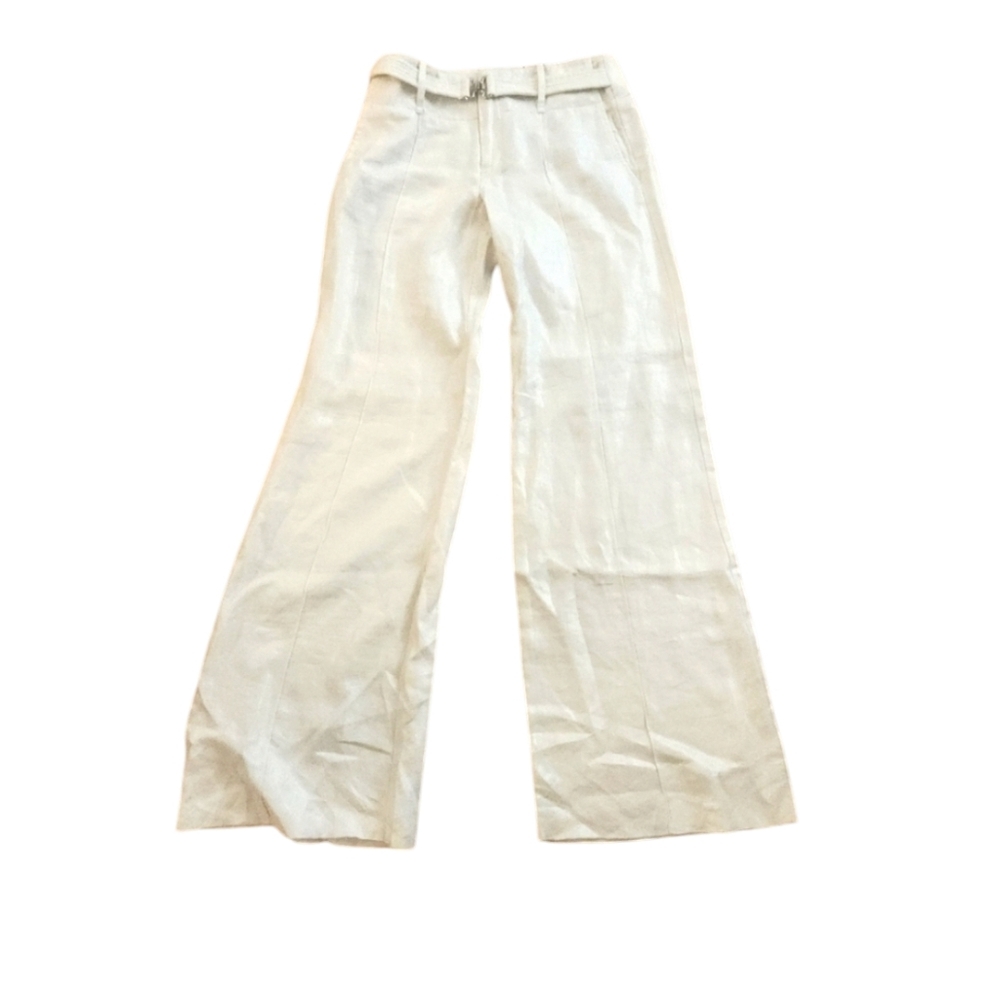 Black Halo Off White Linen Pants W/ Silvery threading Built In Belt Gorgeous 6